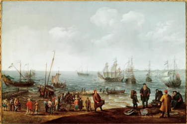 Playa con pescadores