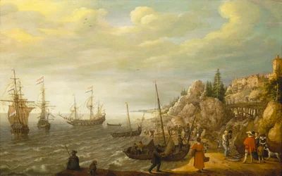 Barcos holandeses anclados frente a una ciudad escandinava fortificada