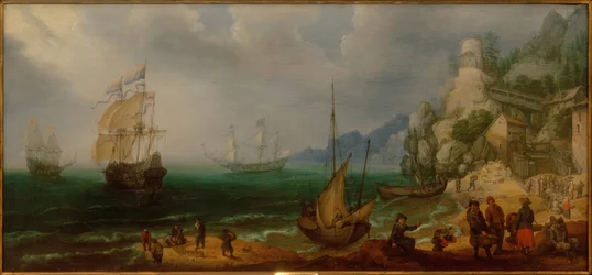 Paisaje costero rocoso con veleros y pescadores