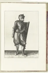 El ejercicio con la diana y el estoque: el soldado lleva la diana por detrás sobre el hombro izquierdo (núm. 2), 1618 El Nassausche Wapen-Handelinge, van Schilt, Spies, Rappier and the Targe: más allá de figuerlick representado, y enmarcado según el nuevo 