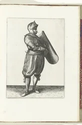 El ejercicio con la diana y el estoque: el soldado sostiene la diana ligeramente hacia adelante para sacar la estoque (núm. 4), 1618 El Nassausche Wapen-Handelinge, van Schilt, Spies, Rappier and the Targe: más allá de figuerlick representado, y enmarcado 