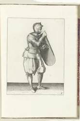 El ejercicio con la diana y el estoque: el soldado sujeta la diana con la mano derecha y agarra el cinturón con la izquierda (n.º 3), 1618 El Nassausche Wapen-Handelinge, van Schilt, Spies, Rappier and the Targe : beyde figuerlick representado, y enmarcado