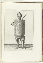 El taladro con la diana y el estoque: el soldado sujeta la diana frente al pecho y el estoque desenvainado contra el hombro izquierdo (n.º 6), 1618 El Nassausche Wapen-Handelinge, van Schilt, Spies, Rappier and the Targe : beyde figuerlick representado, en