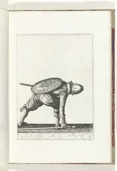 El ejercicio del escudo y la pica: el soldado se inclina para recoger la pica (n.º 28), 1618 The Nassausche Wapen-Handelinge, van Schilt, Spies, Rappier and the Targe : beyde figuerlick representado, y enmarcado según el nuevo orden [de] (...) Maurits van 