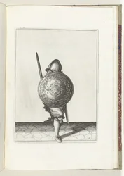 El ejercicio del escudo y la pica: el soldado en posición defensiva con un pie delante y el estoque y el escudo sobre la rodilla delante del cuerpo, visto de frente (n.º 22), 1618 La Ley de Armas de Nassausche, de Schilt, Spies, Rappier y Targ