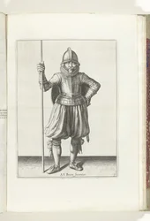 El ejercicio del escudo y la espiga: el soldado en reposo, espiga en la mano y escudo en la espalda (n.º 1), 1618 The Nassausche Wapen-Handelinge, van Schilt, Spies, Rappier and the Targe : beyde figuerlick representado, ende enmarcado según el nuevo orden