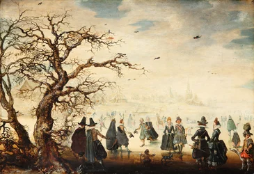 Alemán: Wintervergnügen Paisaje invernal con elegantes figuras patinando sobre hielo