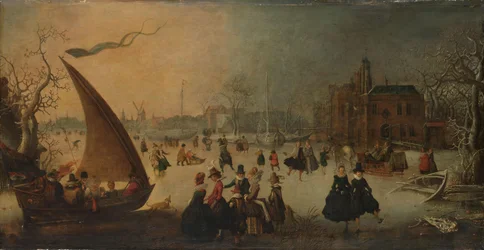 Paisaje con un canal congelado, patinadores y un barco de hielo