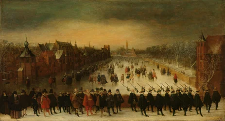 El Vijverberg, La Haya, en invierno, con el príncipe Maurits y su comitiva en primer plano