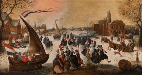 Paisaje invernal con elegantes patinadores en un lago helado, rompehielos y una ciudad a lo lejos