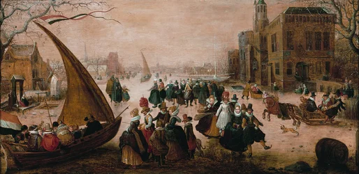 Paisaje invernal con numerosas figuras elegantemente vestidas patinando sobre un río helado, con un yate de hielo