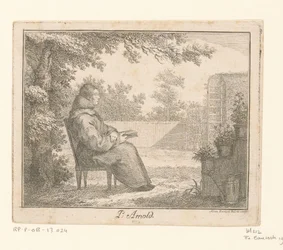 Retrato de Arnoldus a Sancta Clara con un libro en un jardín. P. Arnold (título sobre el objeto)