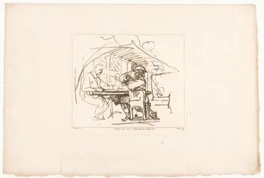 Dos hombres en una mesa, uno de ellos con una jarra Seis grabados a partir de dibujos de Rembrandt, conservados en la Hofbibliothek de Viena (título de la serie) Six estampes gravées d