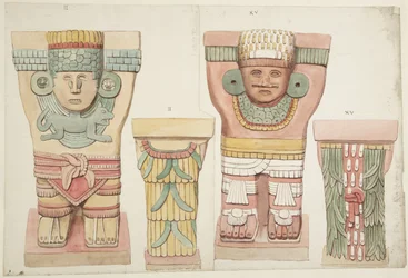 Cariatides II y XV de la cámara exterior, Templo Superior de los Jaguares, Chichén Itzá, México