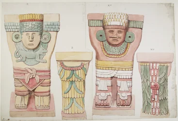 Cariátides II y XV de la cámara exterior, Templo Superior de los Jaguares, Chichén Itzá, México