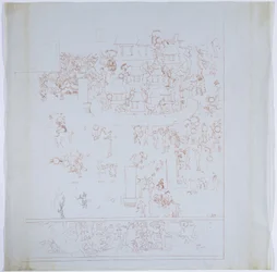 Copia de un mural completo de la pared oeste, Templo Superior de los Jaguares, Chichén Itzá, México, cámara interior en la pared oeste (tinta roja y negra y grafito)
