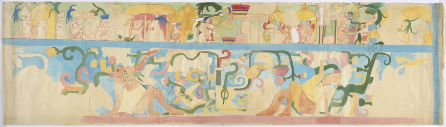 Copia de una pintura mural de la pared suroeste, Templo Superior de los Jaguares, Chichen Itza, México