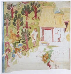 Copia de parte de una pintura mural del panel sur, pared este, cámara interior, Templo Superior de los Jaguares, Gran Juego de Pelota, Chichen Itzá