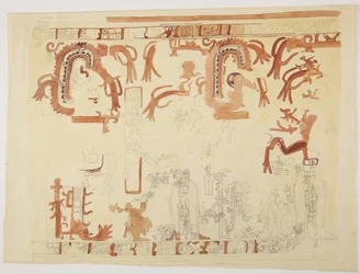 Diseño de una olla de Belice (anteriormente Honduras Británica) El diseño incluye figuras humanas y serpientes emplumadas