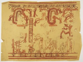 Diseño de una olla de Belice (anteriormente Honduras Británica) con figuras humanas y serpientes emplumadas