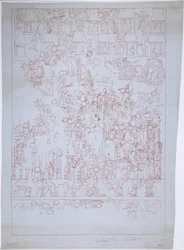 Dibujo de la Pared Sur, Templo Superior de los Jaguares, Chichén Itzá, México (tinta roja)