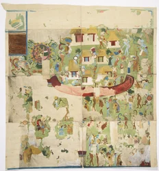 Pintura de un mural del panel norte en la pared oeste, Templo A, Gran Juego de Pelota, Chichen Itza, Yucatán, México