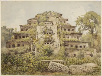 Pintura de templo en ruinas (Pirámide de los Nichos) en El Tajín, Papantla, México