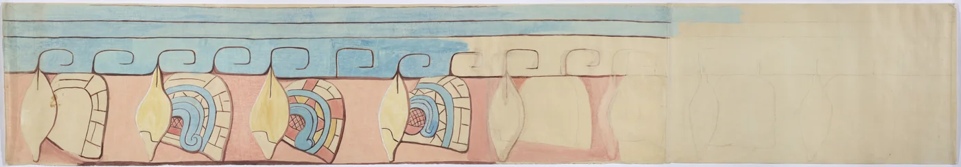 Pintura del registro superior del friso de estuco en Acanceh, México