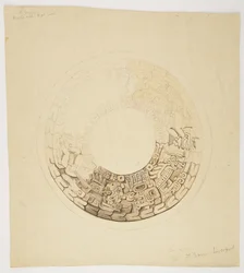 Tapa de olla de Belice (anteriormente Honduras Británica) Diseño circular, parte del cual falta, muestra un diseño que incluye figuras de hombres, glifos, etc.