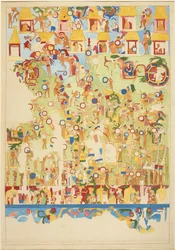 Copia a escala de un cuarto de una pintura mural de la pared sur del Templo Superior de los Jaguares, Chichen Itzá, México