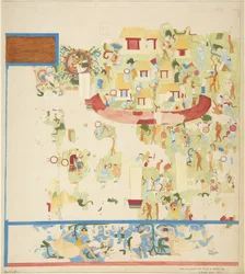 Copia a escala de un cuarto de una pintura mural del extremo norte de la pared oeste, Templo Superior de los Jaguares, Chichen Itzá, México