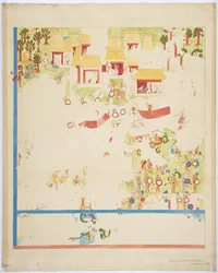 Copia a escala de un cuarto de una pintura del panel sur, pared este, cámara interior, Templo Superior de los Jaguares, Gran Juego de Pelota, Chichen Itzá, México