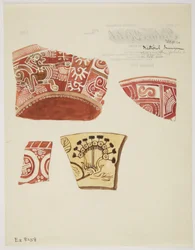 Tres fragmentos de cerámica roja con diseños que incluyen una figura de dragón corriendo en blanco, y un fragmento de cerámica color crema con diseño en marrón