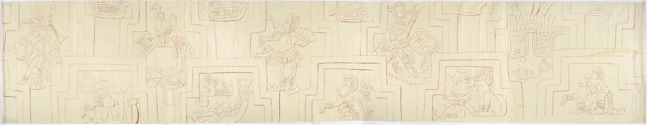 Calco de un relieve pintado de relieves de estuco pintados de la fachada de un montículo o pirámide en Acanceh, México