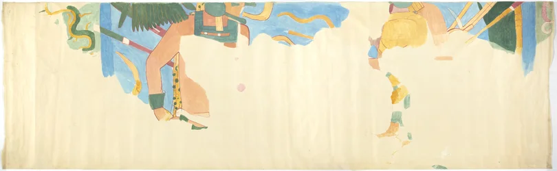 Calco de una pintura mural en Chichen Itza, México. De la pared este, cámara interior media, Templo Superior de los Jaguares, Gran Juego de Pelota