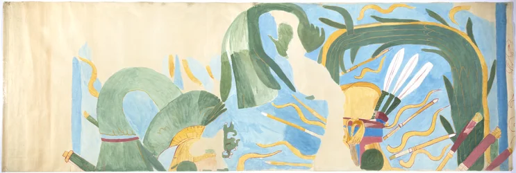 Calco de una pintura mural en Chichén Itzá, México. Tomado de la pared este, cámara interior media, Templo Superior de los Jaguares, Gran Juego de Pelota