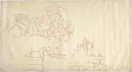 Calco de una pintura mural de la Casa de las Monjas, Chichen Itzá, México, trazado y entintado en tinta negra y roja
