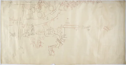Calco de una pintura mural de la Casa de las Monjas, Chichen Itzá, México, bóveda en la gran cámara
