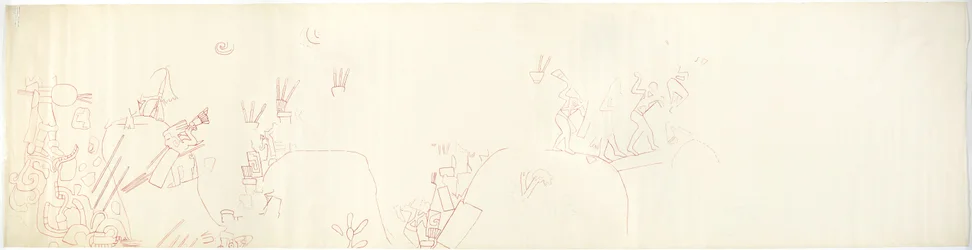 Calco de una pintura mural de la pared este, Templo Superior de los Jaguares, Chichén Itzá, México (tinta roja y grafito)