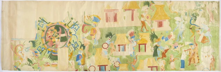 Calco de una pintura mural del extremo norte de la pared oeste, Templo Superior de los Jaguares, Chichen Itza, México