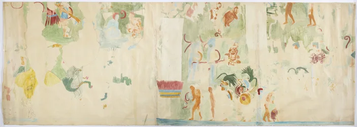 Calco de una pintura mural del panel norte, pared oeste, Templo Superior de los Jaguares, Chichen Itza, México