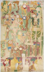 Calco de una pintura mural de la pared sur, cámara interior, Templo Superior de los Jaguares, Gran Juego de Pelota en Chichen Itzá, México