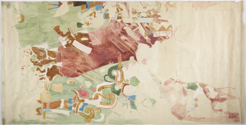 Calco de una pintura mural de la pared este, panel del extremo norte, Templo Superior de los Jaguares, Chichen Itzá, México