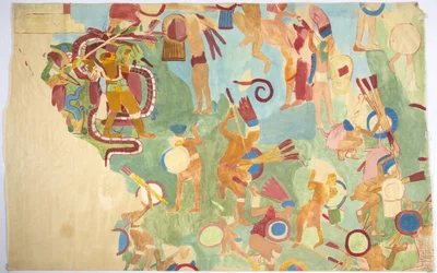 Calco de una pintura mural de la cámara interior, Templo Superior de los Jaguares, pared sur, Gran Juego de Pelota, Chichen Itzá, México