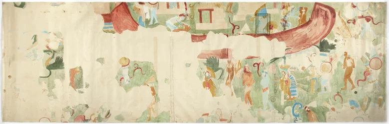 Calco de una pintura mural de la pared noroeste, cámara interior, Templo Superior de los Jaguares, Chichen Itzá, México