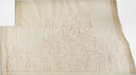 Calco de una pintura mural del techo de la bóveda sur, Templo Superior de los Jaguares, Chichen Itza, México