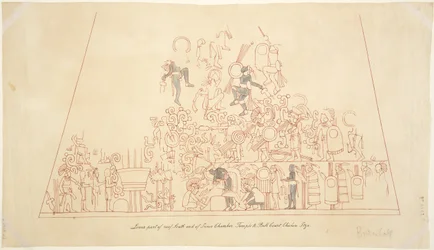 Calco de una pintura mural de la bóveda sur, cámara interior, Templo Superior de los Jaguares, Chichén Itzá, México