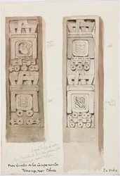 Dos columnas con relieves de piedra, Cerritos de los Campamentos, Tenango, cerca de Toluca, México