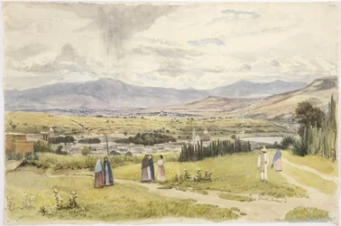Vista de Tlaxcala e Ixtaccíhuatl en México