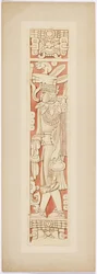 Figura de guerrero en los jambas de la puerta entre las cámaras interior y exterior del Templo Superior de los Jaguares